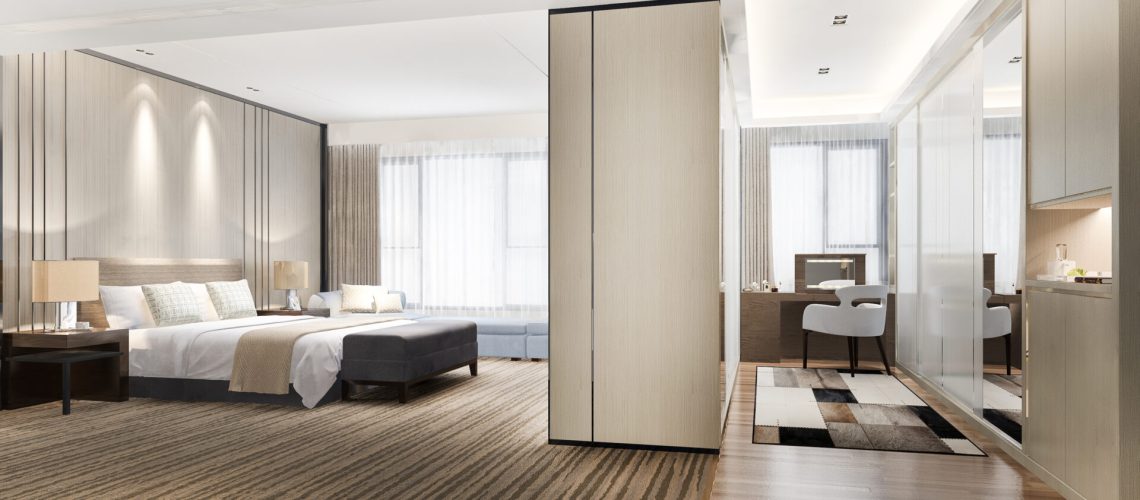 3d rendering luxury modern bedroom suite tv with wardrobe and walk in closet